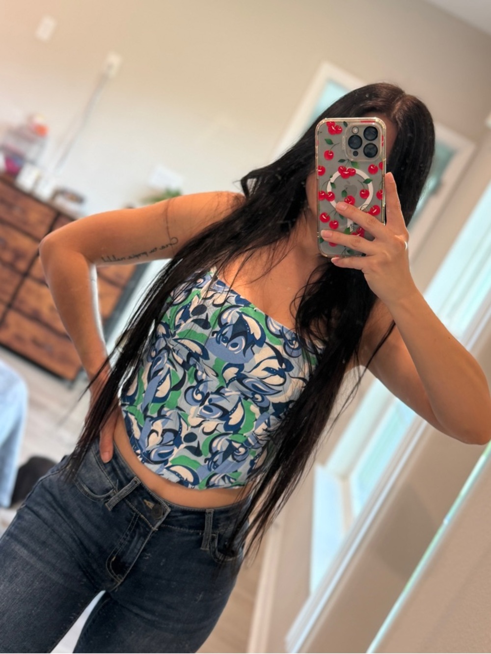 Midnight Sky Women's Size Medium Blue Green Floral Linen Blend Corset Crop Top